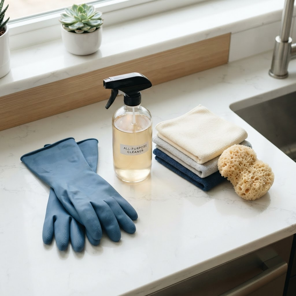 Neatly arranged professional cleaning supplies on a bright countertop